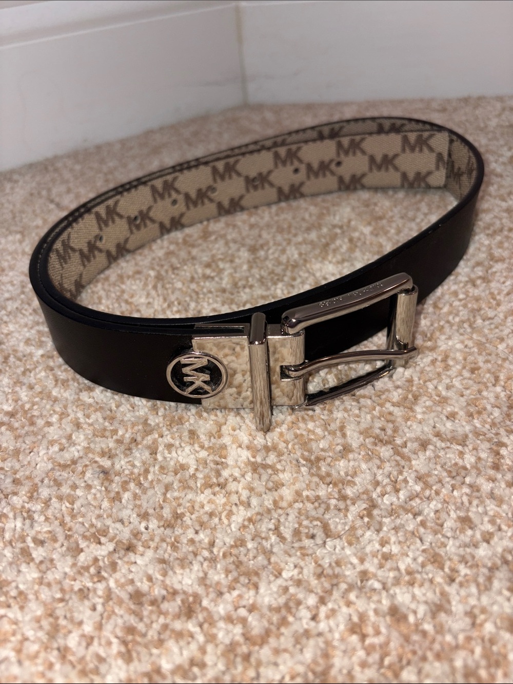 Michael Kors Black Leather Belt with Tan MK Logo Lining
